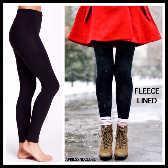 BLACK FLEECE LINED LEGGINGS COZY FOOTLESS TIGHTS 2 PAIRS A2C - Picture 4 of 14